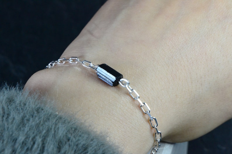 Raw Black Tourmaline Bracelet Mens Chain Crystal Bar Bracelet Sterling Silver Minimal Unisex Bracelet image 2