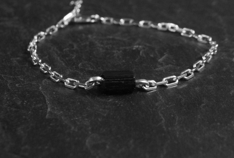 Raw Black Tourmaline Bracelet Mens Chain Crystal Bar Bracelet Sterling Silver Minimal Unisex Bracelet image 4