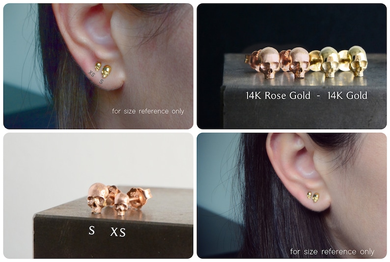 May include: Two pairs of gold skull earrings in different sizes. The earrings are shown on a model's ear and on a surface. The text "S XS" and "14K Rose Gold - 14K Gold" is visible in the image.