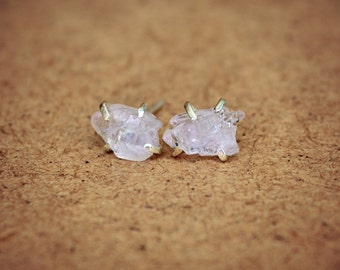 Raw Rose Quartz Stud Earrings Sterling Silver Pink Rough Stone Post Crystal Earrings