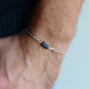 Raw Black Tourmaline Bracelet Mens Chain Crystal Bar Bracelet Sterling Silver Minimal Unisex Bracelet image 6