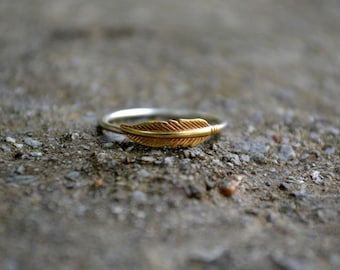 Boho Feather Ring, Sterling Silver Gold Brass Ring, Feather Jewelry, Stacking Midi Knuckle Ring, Delicate Girls Dainty Ring