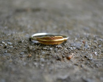 Boho Feather Ring, Sterling Silver Gold Ring, Feather Jewelry, Stacking Midi Knuckle Ring, Delicate Girls Dainty Ring