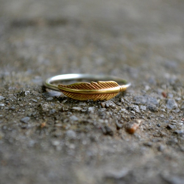 Boho Feather Ring, Sterling Silver Gold Ring, Feather Jewelry, Stacking Midi Knuckle Ring, Delicate Girls Dainty Ring