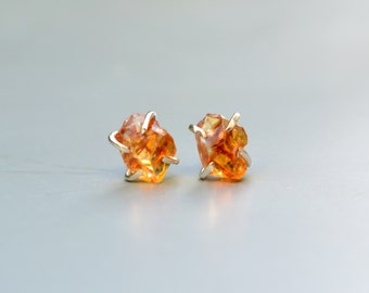 Raw Citrine Crystal Earrings Studs Sterling Silver Natural Stone Honey Gold Yellow Rough Citrine Studs Crystal Jewelry Post Tiny Earrings