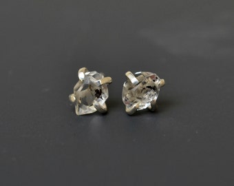 Sterling Silver Raw Herkimer Diamonds Stud Earrings, Minimalist Modern Everyday Post Earrings, Dainty Crystal Earring Studs Wedding Jewelry