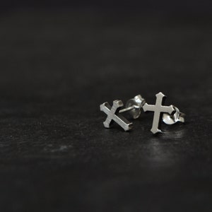 Cross Mens Earrings, Sterling Silver, Gothic Cross Stud Earrings, Minimalist Cross Earrings Christian Jewelry Crucifix image 2