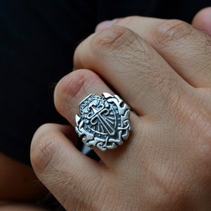 Sterling Silver Gothic Cross Ring Mens Jewelry Medieval Crest Shield in Obscure Dark Black Knight Chevalier