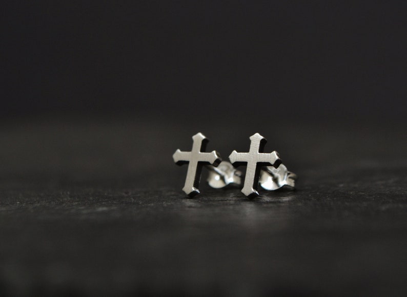 Cross Mens Earrings, Sterling Silver, Gothic Cross Stud Earrings, Minimalist Cross Earrings Christian Jewelry Crucifix image 1