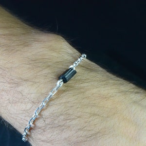 Raw Black Tourmaline Bracelet Mens Chain Crystal Bar Bracelet Sterling Silver Minimal Unisex Bracelet image 5