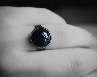 space jewelry, gothic ring, dark blue ring, galaxy ring, universe jewelry, night sky ring, sparkle jewelry, blue goldstone ring
