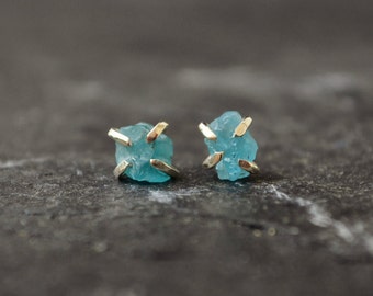 Raw Apatite Crystal Stud Earrings Rough Stone Sterling Silver Post Crystal Earrings Turquoise Aqua Blue Summer Earrings