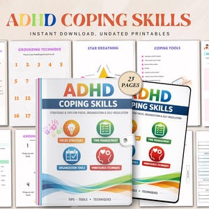 Op de afbeelding: Een verzameling ongedateerde, afdrukbare pagina's voor ADHD coping skills. De omslag toont "ADHD Coping Skills" met pictogrammen voor focus, timemanagement, organisatie en mindfulness. De set bevat 25 pagina's.