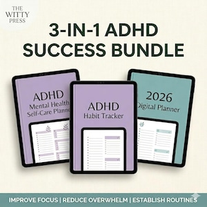 Pode incluir: Um pacote de sucesso 3 em 1 para TDAH com três planejadores digitais: um Planejador de Autocuidado de Saúde Mental, um Rastreador de Hábitos e um Planejador Digital 2026. Os tablets são em tons de roxo e verde-azulado, com os textos "ADHD" e "2026".