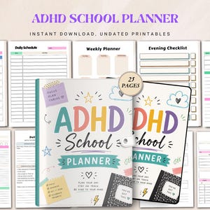 Könnte beinhalten: ADHS-Schulplaner mit weißem Einband, bunten Texten und Illustrationen. Der Planer enthält tägliche, wöchentliche und abendliche Checklisten, wobei der Text "ADHD School Planner" deutlich hervorgehoben ist. Der Planer hat 25 Seiten.