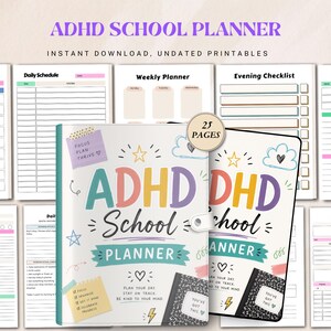 Pode incluir: Planeador escolar para TDAH com capa branca, com texto e ilustrações coloridas. O planeador inclui listas de verificação diárias, semanais e noturnas, com o texto "Planeje seu dia, mantenha o foco, seja gentil com sua mente". 25 páginas.