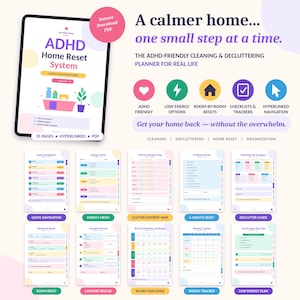 May include: A digital ADHD Home Reset System planner featuring 35 pages of cleaning and decluttering checklists. The interface includes a quick navigation menu, energy menu, clutter hotspot map, 5-minute reset, and a 30-day declutter challenge.