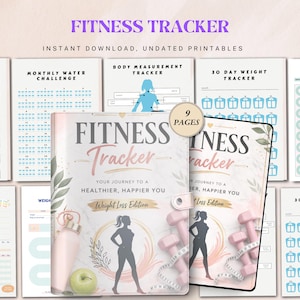 May include: A fitness tracker with the title "Fitness Tracker" and the subtitle "Weight Loss Edition". The cover features a silhouette of a person, dumbbells, and a measuring tape. The tracker includes pages for weight, water, and body measurements.