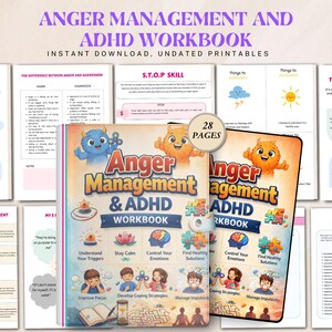 May include: An Anger Management & ADHD Workbook with the text "Instant Download, Undated Printables." The cover features cartoon characters and icons related to emotional regulation. The workbook includes 28 pages of exercises.