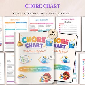 Puede incluir: Un colorido cuadro de tareas con las palabras "CHORE CHART" en la parte superior. El cuadro incluye secciones para planes semanales, responsabilidades y listas de verificación. La portada presenta ilustraciones de productos de limpieza.