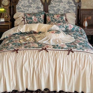 Vintage French Floral Bedding Set, Lace Ruffle Bow Duvet Cover, Coquette Princess Bed Skirt Set, Romantic Cotton Bedding, Feminine Decor