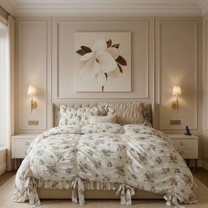 French Vintage Floral Bedding Set, Cotton Ruffle Bow Duvet Cover, Shabby Chic Cottagecore Bedding, Princess Bed Set Queen King