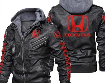 Honda leren bikerjack met capuchon – zwarte streetwear-motorfietsjas voor heren