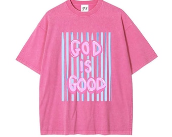 Camiseta "Dios es bueno", camiseta gráfica de fe cristiana, camiseta extragrande con lavado vintage, ropa urbana unisex de tallas grandes, regalo para la iglesia.