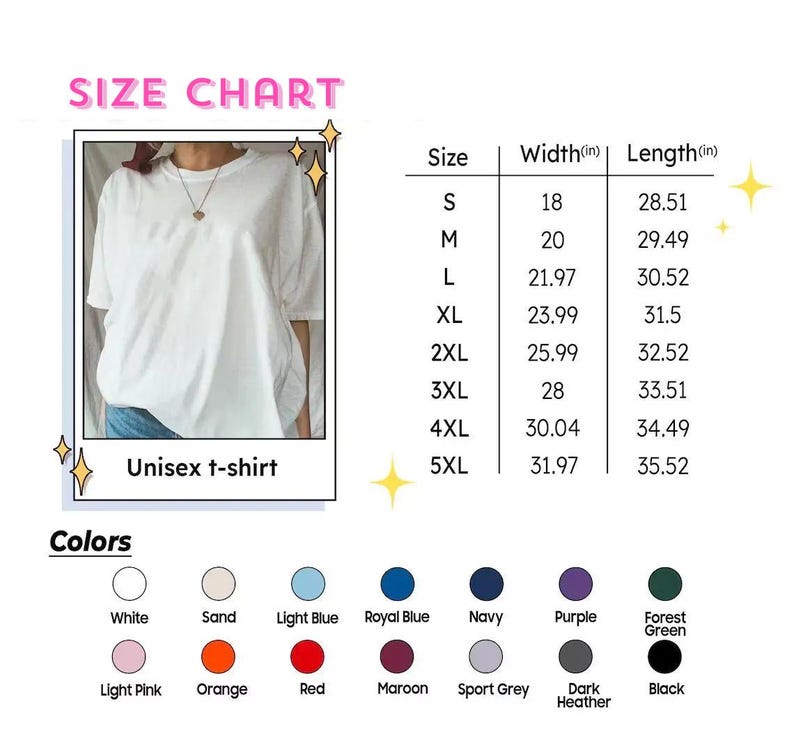 Puede incluir: Una tabla de tallas para una camiseta unisex, con medidas en pulgadas. La tabla incluye tallas S a 5XL, con anchos y largos correspondientes. Las opciones de color incluyen blanco, arena, azul claro, azul real, marino, morado, verde bosque, rosa claro, naranja, rojo, granate, gris deportivo, gris oscuro y negro.