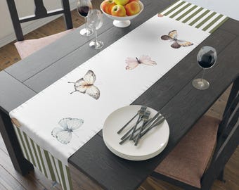 Caminho de mesa com borboletas em aquarela | Listras verdes