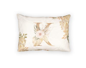 Floral Monogram K Pillow Sham | Beige Watercolor Letter Decorative Pillowcase