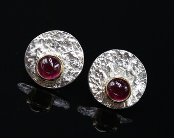 Sterling Ruby Earrings Silver Ruby Earrings Ruby Stud Earrings Round Studs Sterling Silver Ruby Textured Ruby Earrings Mixed Metal Earrings