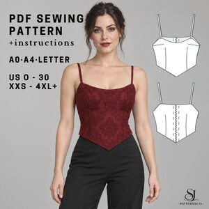 May include: A PDF sewing pattern for a dark red corset-style top with a damask pattern, thin straps, and a pointed hem. Includes instructions for A0, A4, and letter sizes, covering US sizes 0-30 and XXS-4XL+. Features technical line drawings.