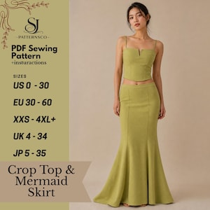 Patrón de costura en PDF para top corto y falda de sirena – Conjunto de dos piezas para mujer (tallas XXS–4XL+, descarga digital)