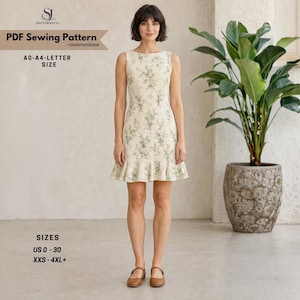 Può includere: Un abito senza maniche con base color crema e stampa botanica verde, caratterizzato da uno scollo rotondo e un orlo con volant. Il testo sull'immagine include PDF Sewing Pattern, A0-A4-LETTER SIZE e SIZES US 0-30, XXS-4XL+.
