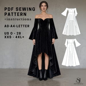 May include: A black velvet off-the-shoulder dress with long bell sleeves and a high-low hemline. Text reads: PDF SEWING PATTERN +instructions A0 A4 LETTER US 0-28 XXS-4XL+. Includes two white line-art sketches of the dress design.