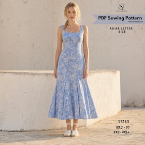 May include: A PDF sewing pattern for a sleeveless midi dress in a light blue fabric with a white floral print. The pattern includes instructions, A0-A4-letter sizes, and a size range from US 0-30, covering XXS-4XL+ for this garment design.