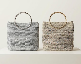 Silver & Gold Circle Handle Knitted Bag, Elegant Evening Party Clutch