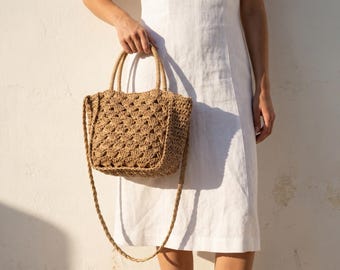 Woven Straw Crossbody Bag, Paper Rope Shoulder Bag, Boho Knit Handbag