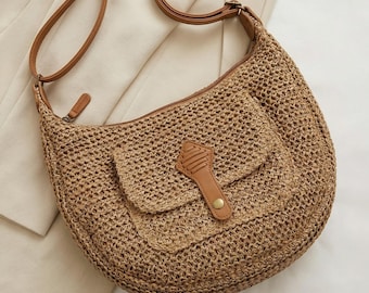 Woven Straw Shoulder Bag with Zipper Pocket, Brown Knit Finish