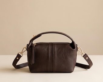 Dark Brown Faux Leather Handbag, Gold Zipper Top Handle Shoulder Crossbody Purse