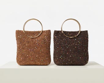 Brown Crochet Bag with Sequins, Day to Evening Purse, Gold Handle Handbag