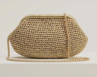 Borsa a tracolla intrecciata color oro metallizzato, pochette da sera con tracolla a catena