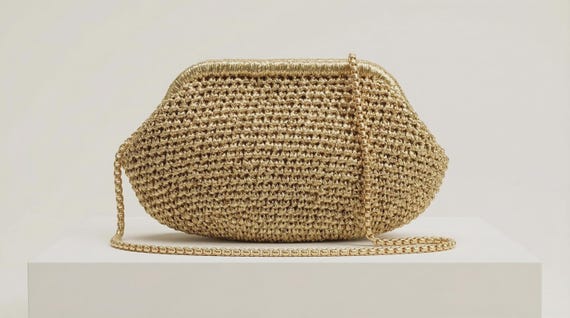 Metallic Gold Woven Crossbody Bag, Chain Strap Evening Clutch