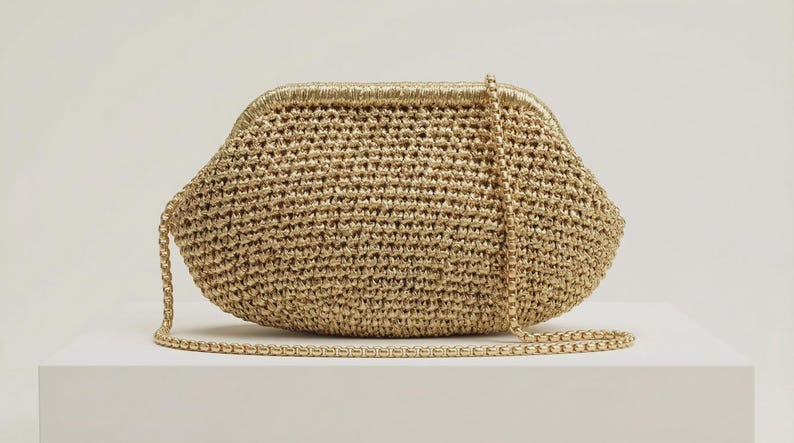 May include: A gold-colored woven clutch bag with a structured frame closure and a matching gold-toned chain shoulder strap. The bag features a textured, crocheted-style surface with a metallic sheen, shaped in a rounded, wide silhouette.
