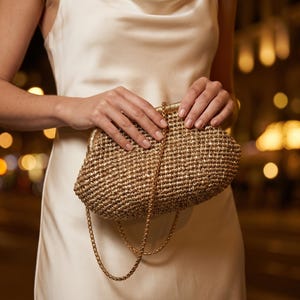 May include: A gold-toned, woven clutch bag with a rounded, structured frame and a matching gold-toned metal chain strap. The bag features a textured, knit-like surface pattern and a secure clasp closure at the top, designed for evening wear.
