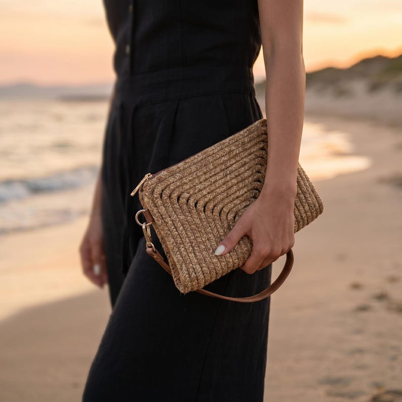 May include: A woven straw clutch with a brown leather strap and gold zipper. The clutch is held by a person wearing a black jumpsuit on a beach at sunset. The clutch has a rectangular shape with a woven pattern.