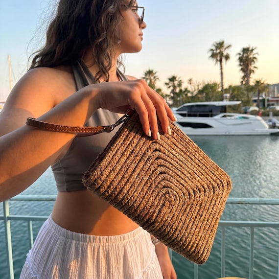 Woven Straw Clutch with Faux Leather Wristlet Strap, Brown Beach Vacation Bag