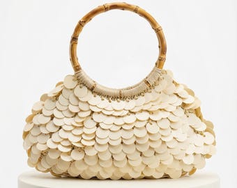 Shell Sequin Handbag, Wooden Handle Bag, Womens Clutch, Evening Accessory