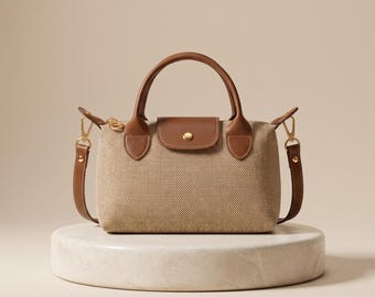 Canvas Dumpling Crossbody Bag, Linen Summer Tote With Brown Leather Handle, Messenger Purse